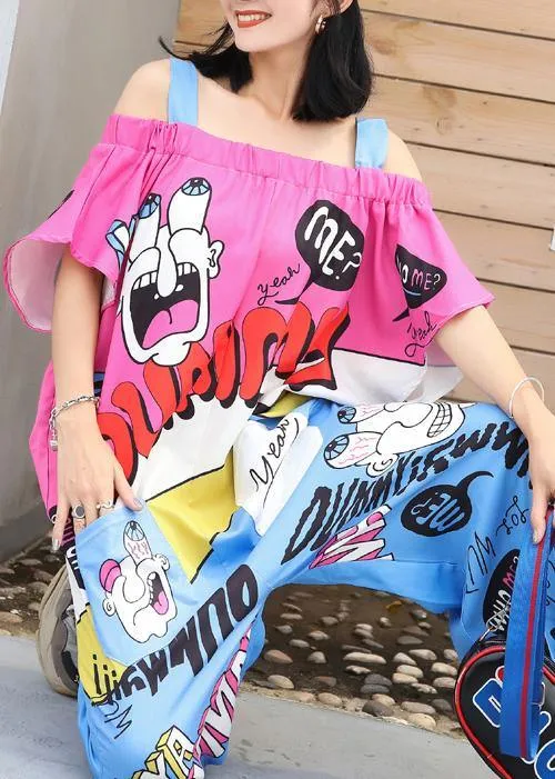 2019 new wave spoof cartoon print one word loose jumpsuit