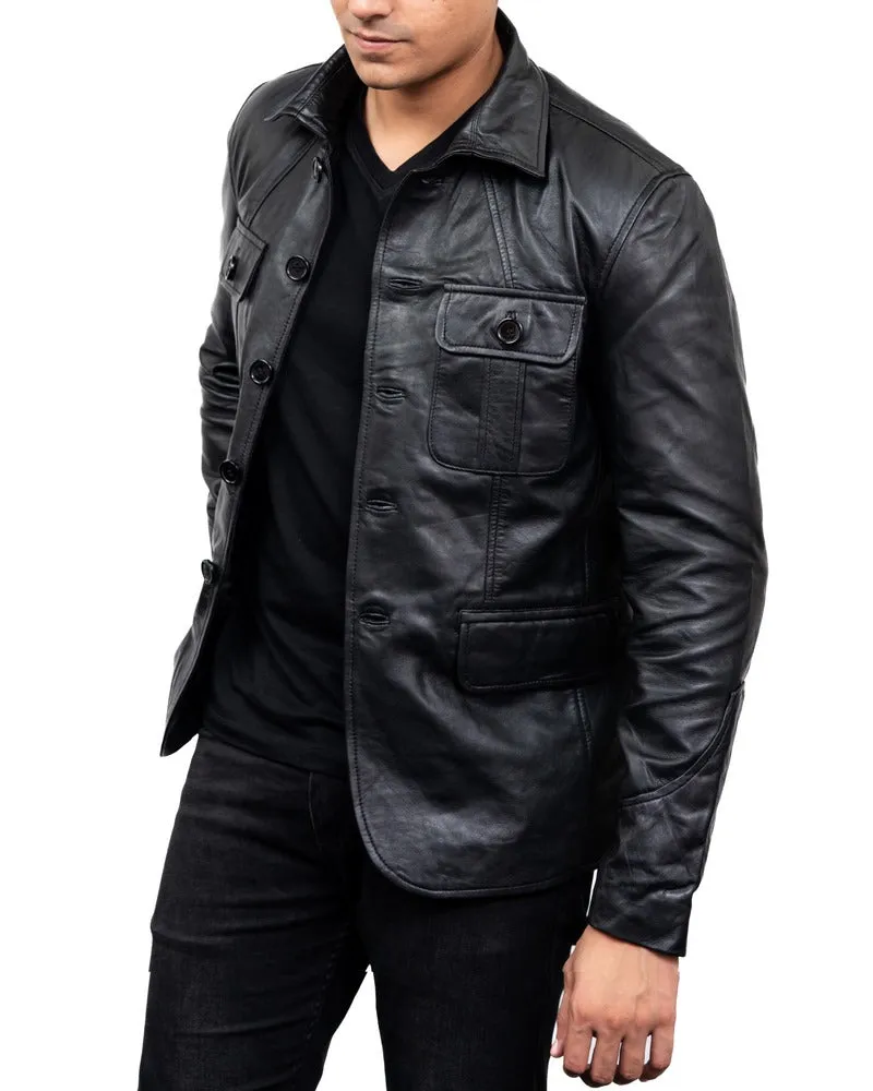 5-Button Men Lambskin Leather Blazer-Black