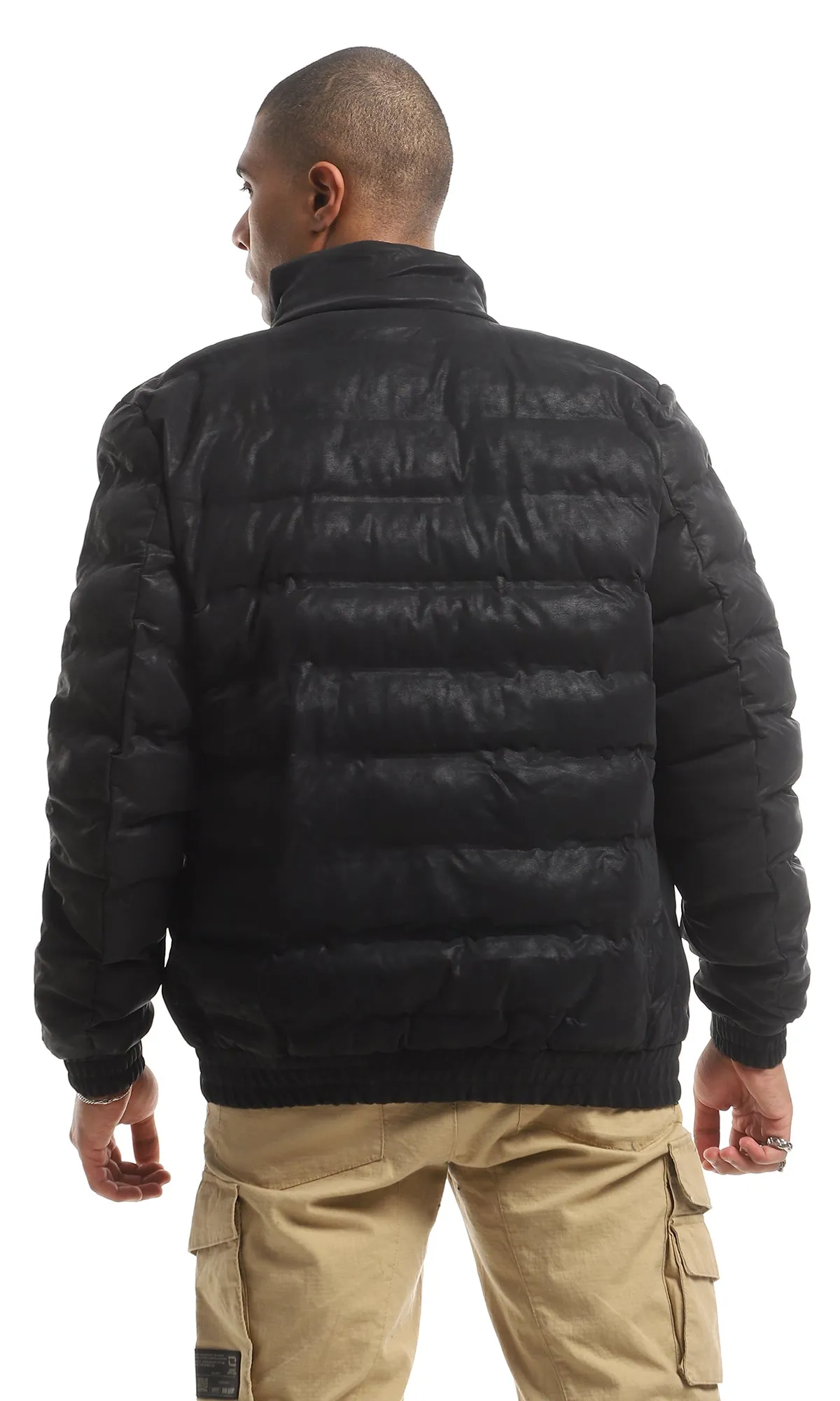 95809 Quilted Leather Front Zipper Closure Bomber Jacket - Black