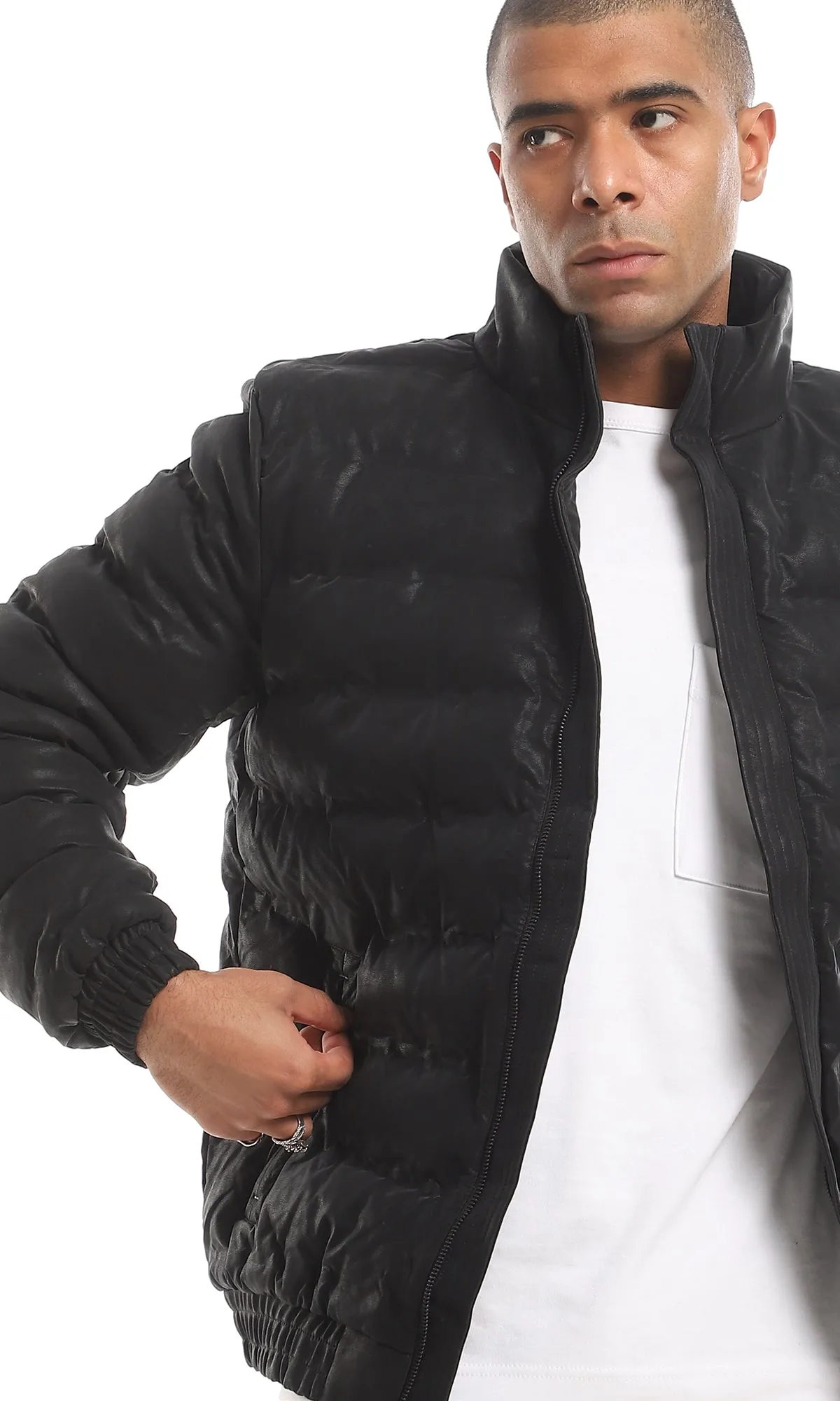 95809 Quilted Leather Front Zipper Closure Bomber Jacket - Black