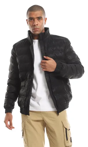 95809 Quilted Leather Front Zipper Closure Bomber Jacket - Black