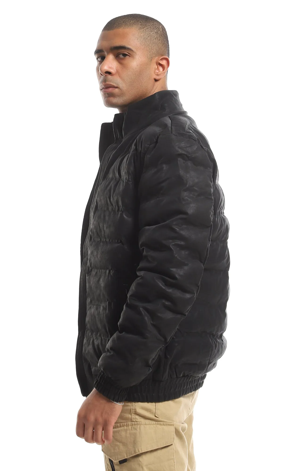 95809 Quilted Leather Front Zipper Closure Bomber Jacket - Black