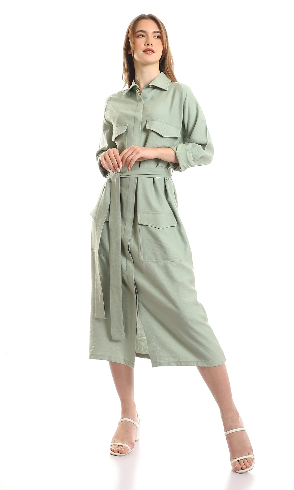 97580 Hidden Buttons Long Sleeves Dark Mint Maxi Dress