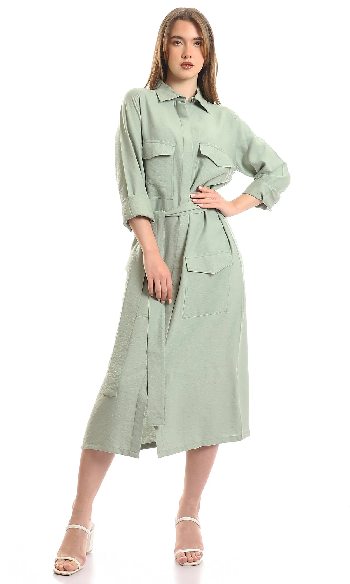 97580 Hidden Buttons Long Sleeves Dark Mint Maxi Dress