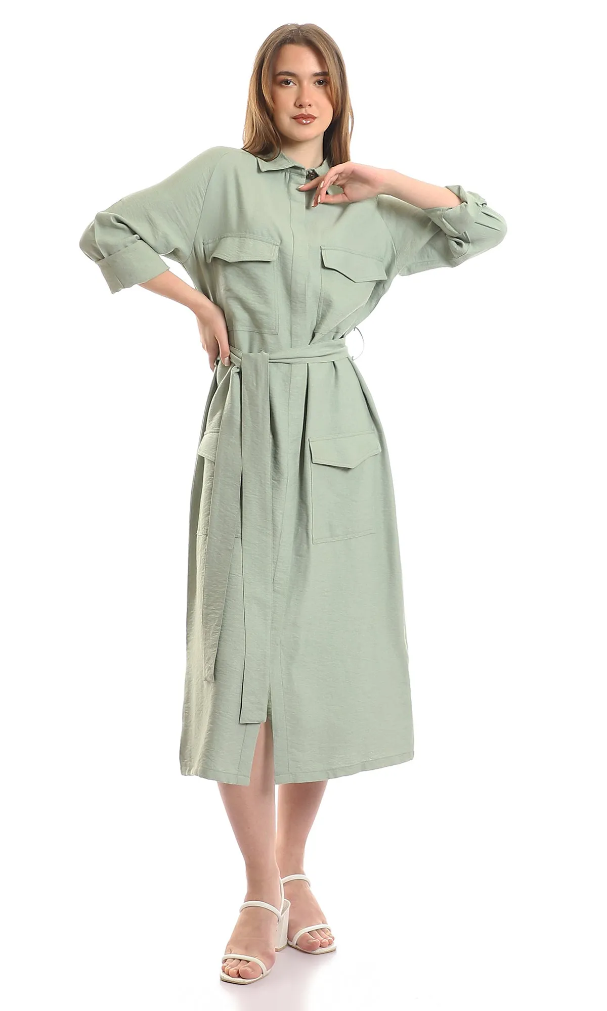 97580 Hidden Buttons Long Sleeves Dark Mint Maxi Dress