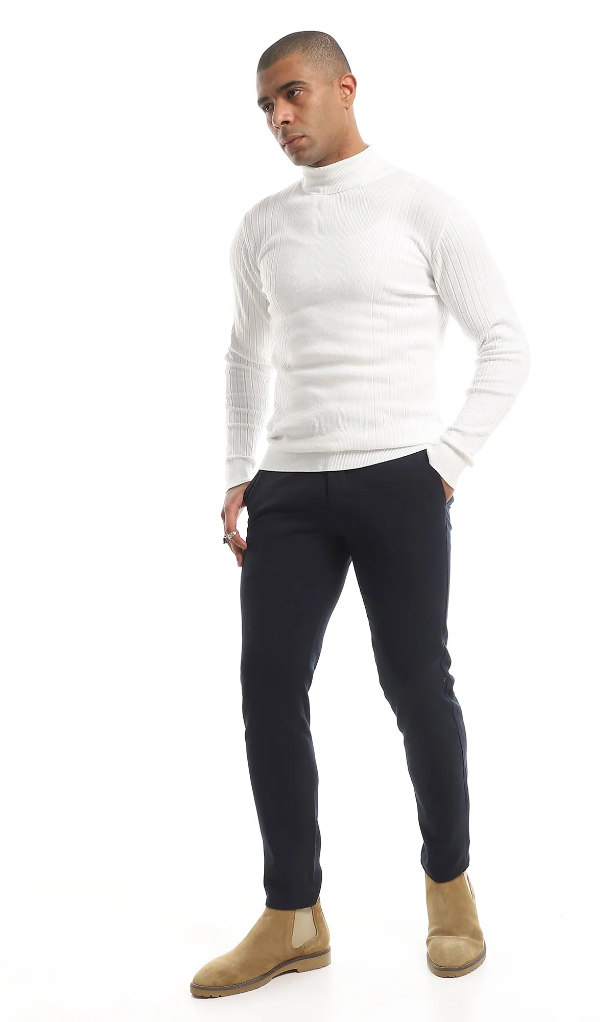 98427 Turtle Neck Ribbed Slip On Pullover - White