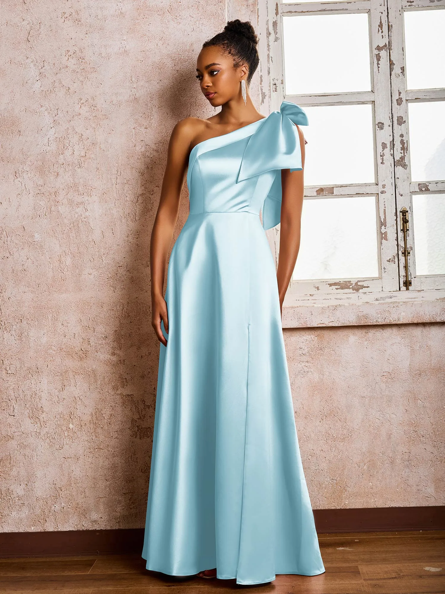 A-line Bowed One Shoulder Satin Dresses With Front Slit Mist