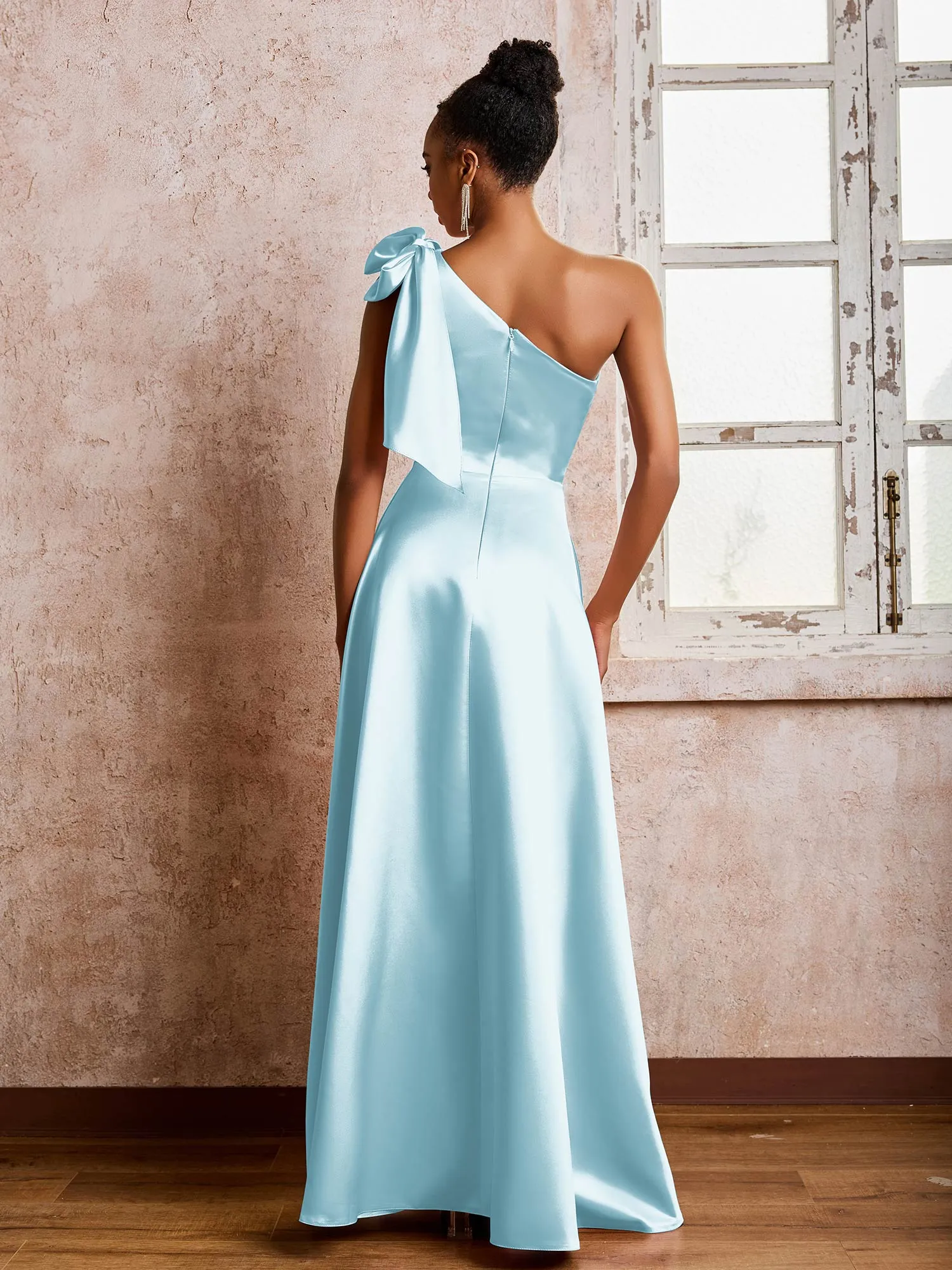 A-line Bowed One Shoulder Satin Dresses With Front Slit Mist