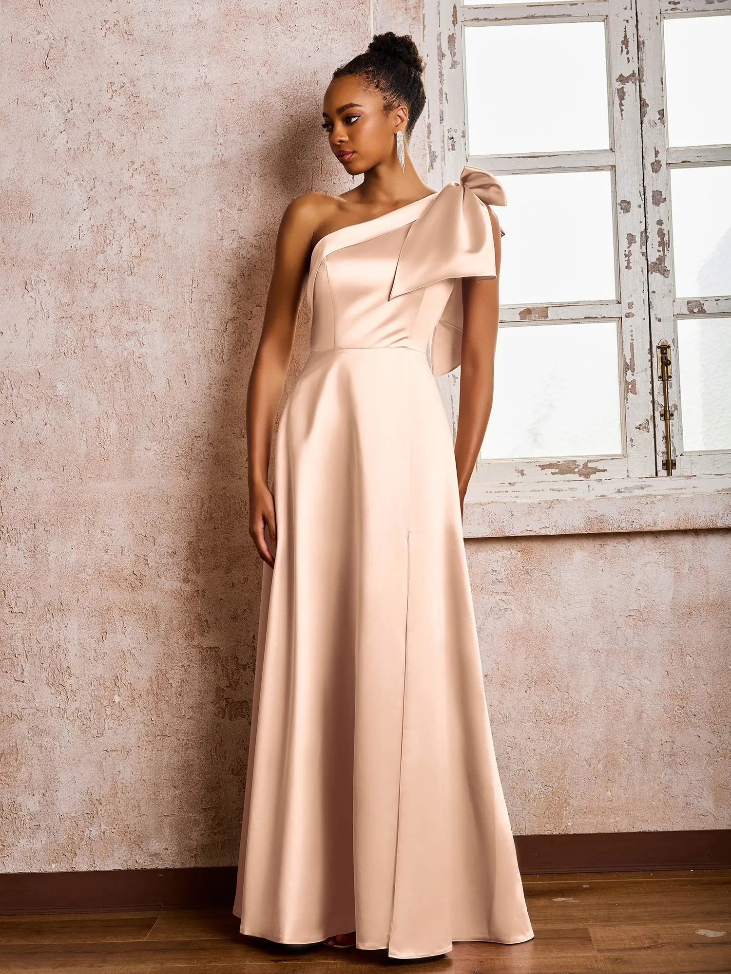 A-line Bowed One Shoulder Satin Dresses With Front Slit Peach