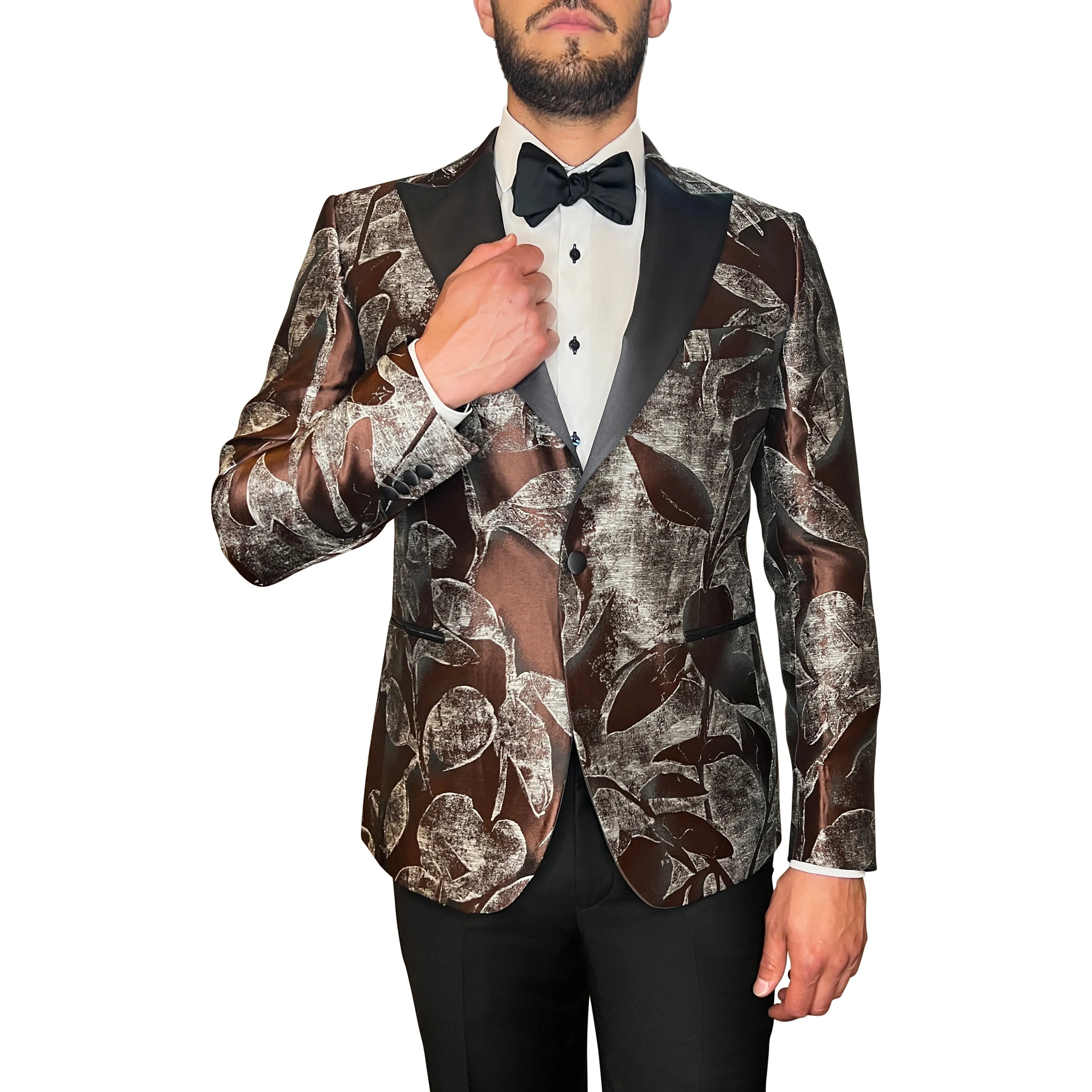 Abstract Floral Design Peak Lapel Tuxedo Jacket - Brown