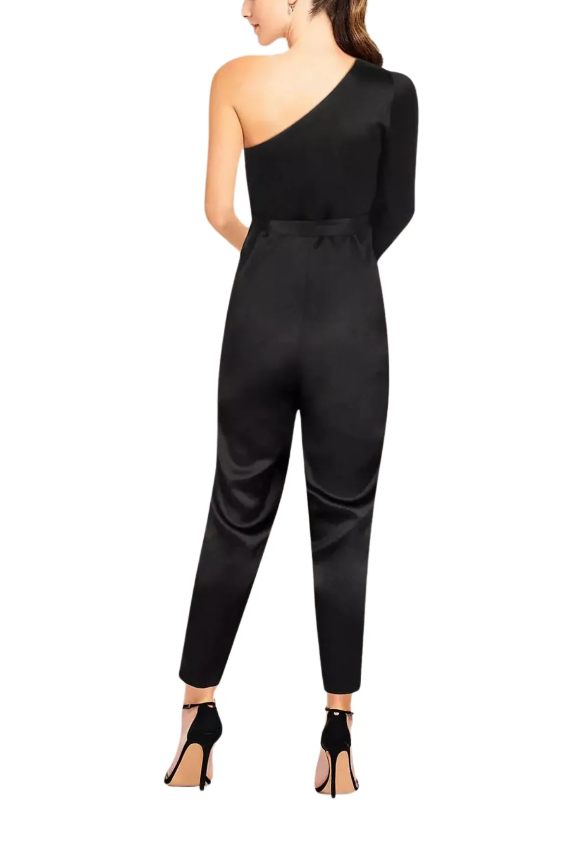 Aidan by Aidan Mattox Asymmetrical Shoulder Slit Long Sleeve Tie Side Functional Pocket Concealed Zipper Side Satin Jumpsuit