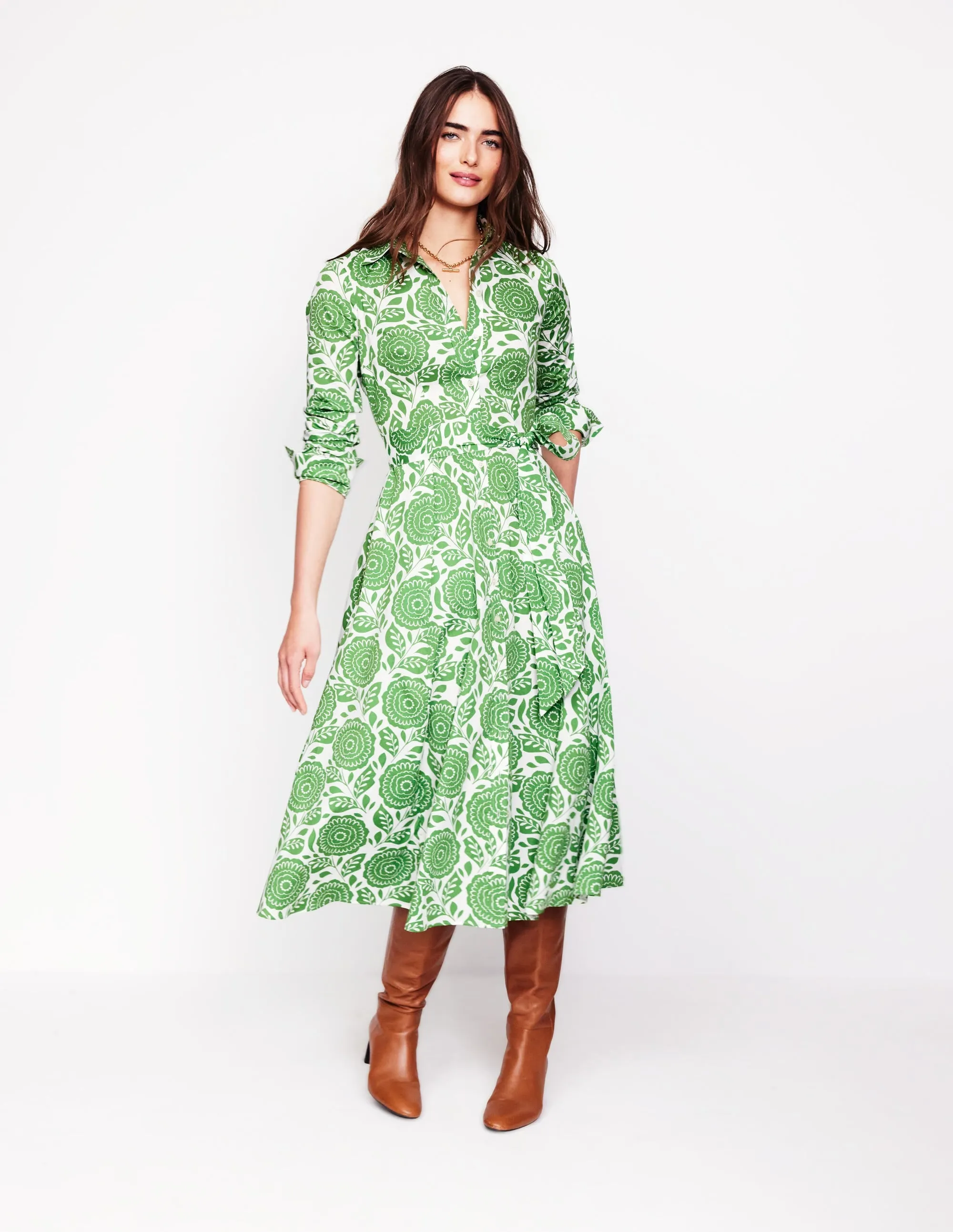 Amy Cotton Midi Shirt Dress-Paradise Green, Dahlia Stamp