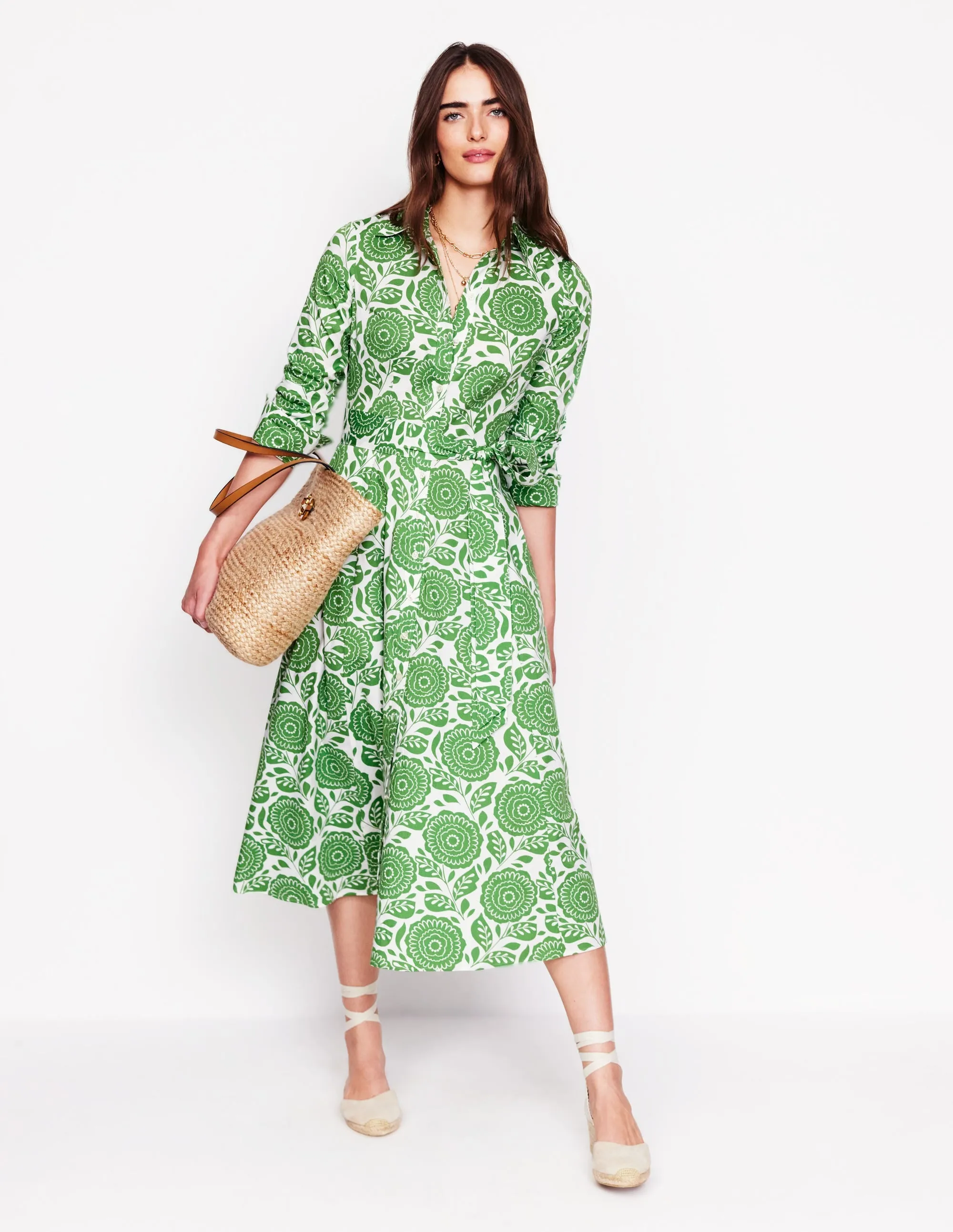 Amy Cotton Midi Shirt Dress-Paradise Green, Dahlia Stamp