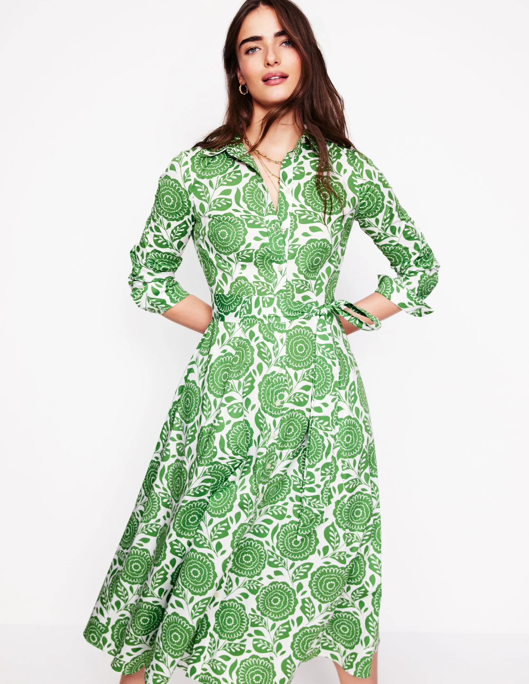 Amy Cotton Midi Shirt Dress-Paradise Green, Dahlia Stamp