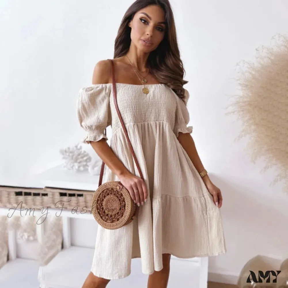 Amy Fashion - Slash Neck White Puff Sleeve Big Swing Dresses