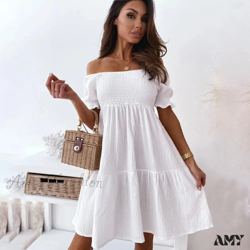 Amy Fashion - Slash Neck White Puff Sleeve Big Swing Dresses