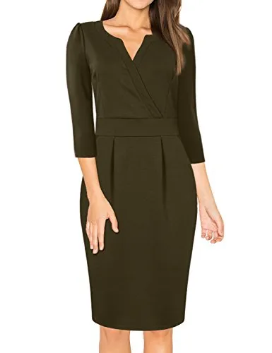 Army Green Women's V-Neck Work Business Bodycon Pencil Dress - MISSKY