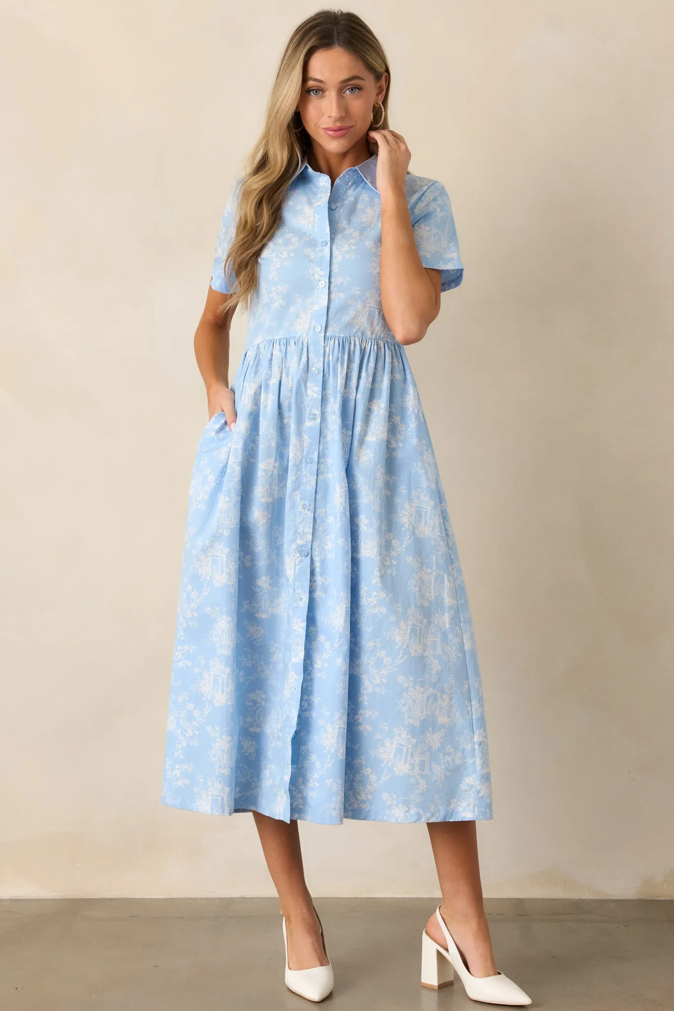 Believe It Cotton Light Blue Toile Midi Dress