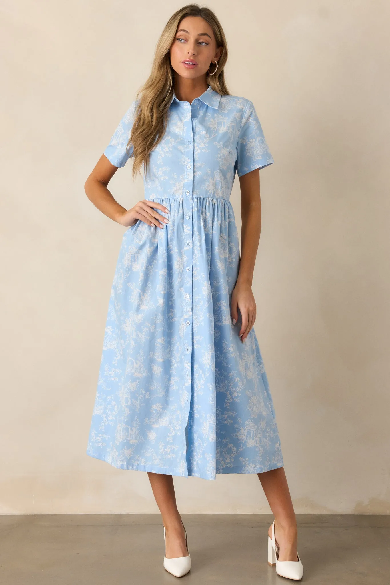 Believe It Cotton Light Blue Toile Midi Dress