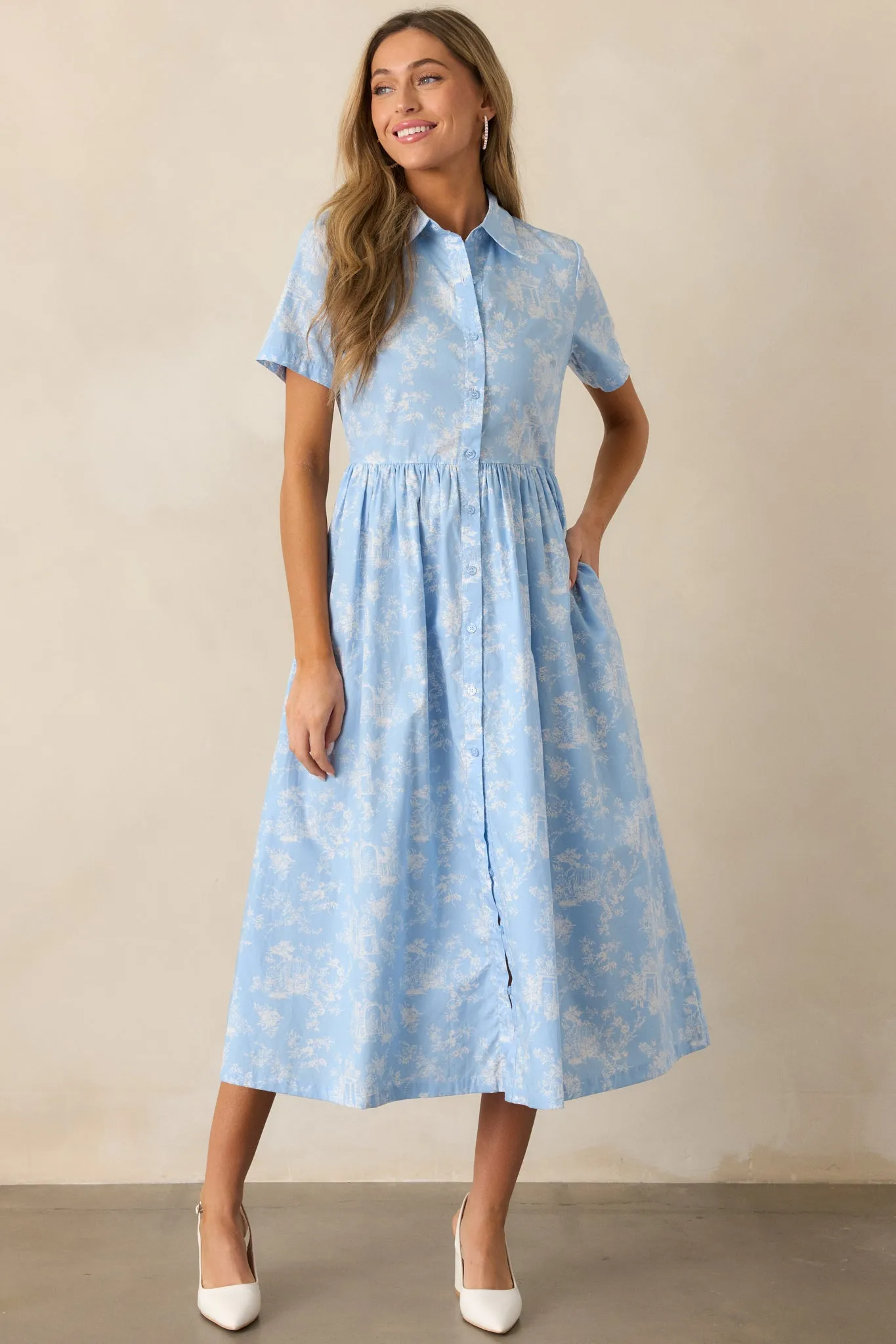 Believe It Cotton Light Blue Toile Midi Dress