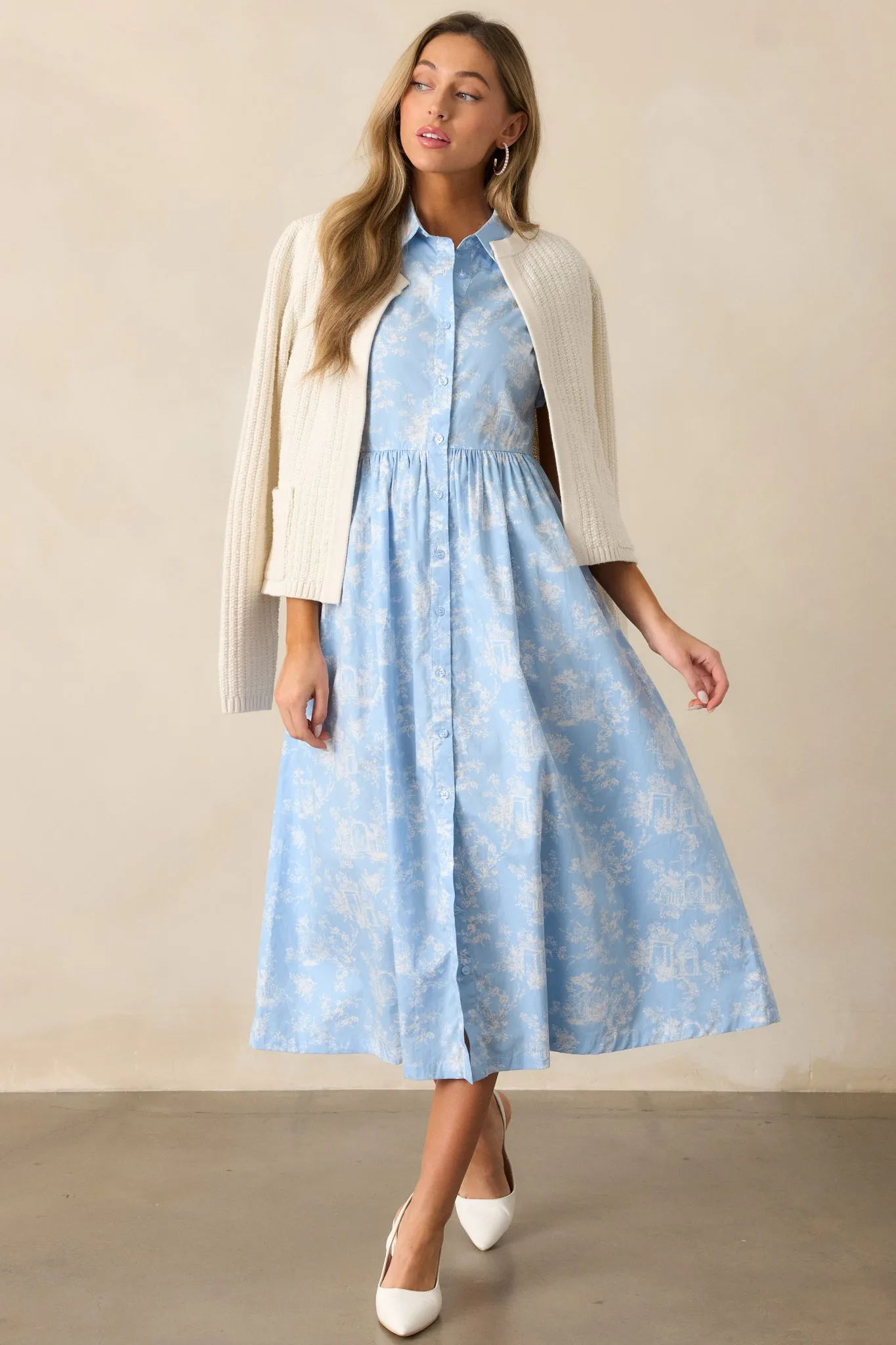 Believe It Cotton Light Blue Toile Midi Dress