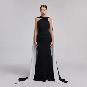 Black & White Cape High-Slit Gown