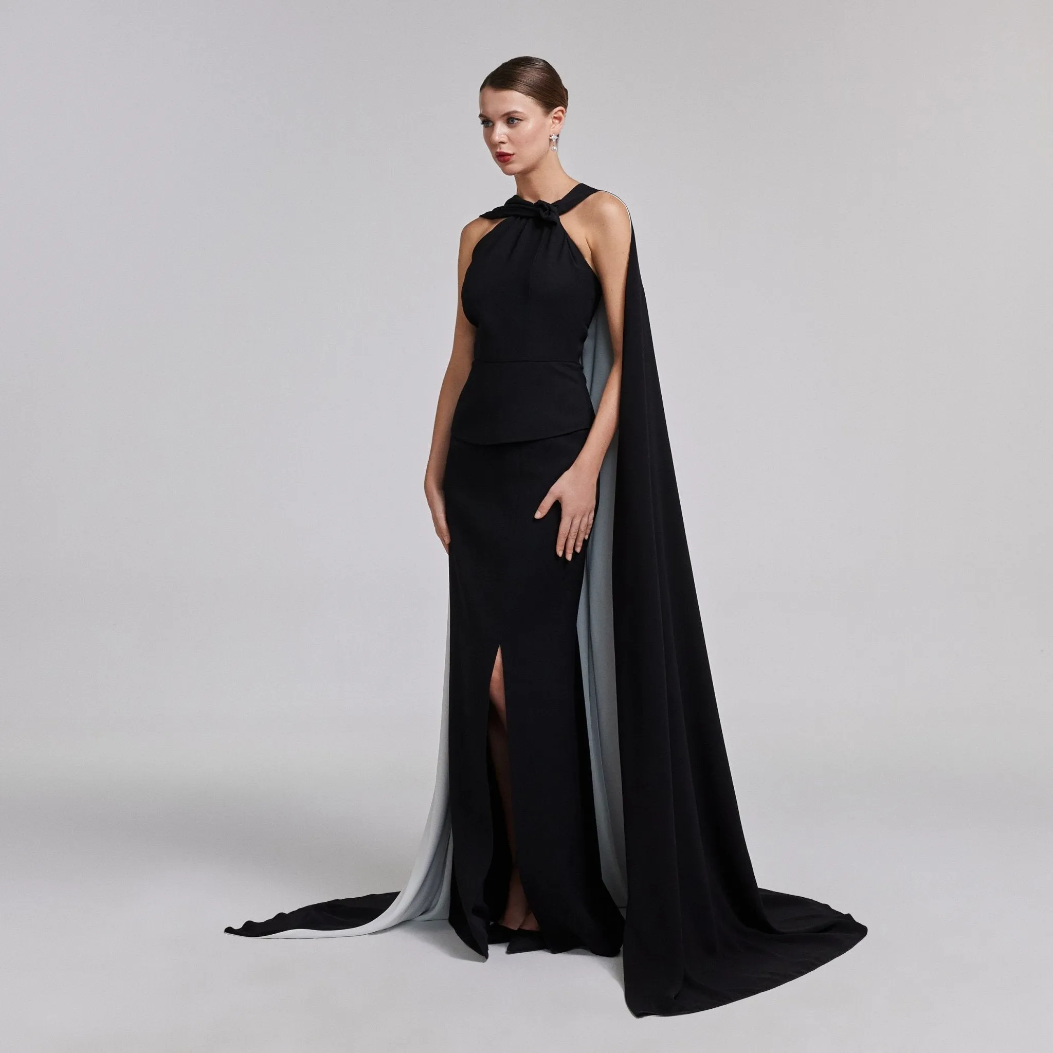 Black & White Cape High-Slit Gown