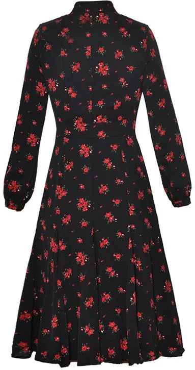 Black Floral-print Midi Dress with Neck-Tie