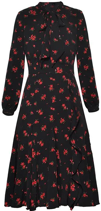 Black Floral-print Midi Dress with Neck-Tie