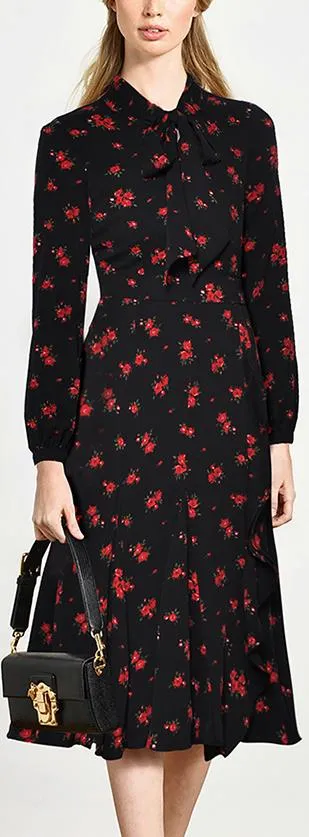 Black Floral-print Midi Dress with Neck-Tie