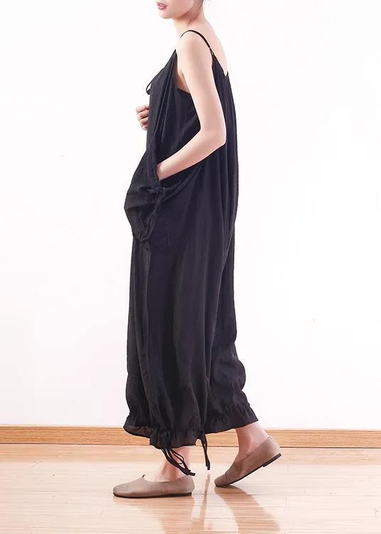 Black loose drawstring  suspender wide leg jumpsuit