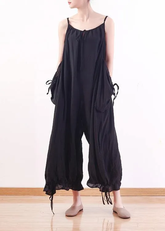 Black loose drawstring  suspender wide leg jumpsuit