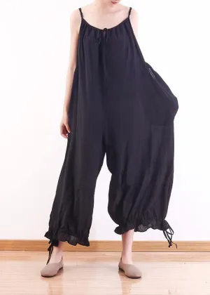 Black loose drawstring  suspender wide leg jumpsuit