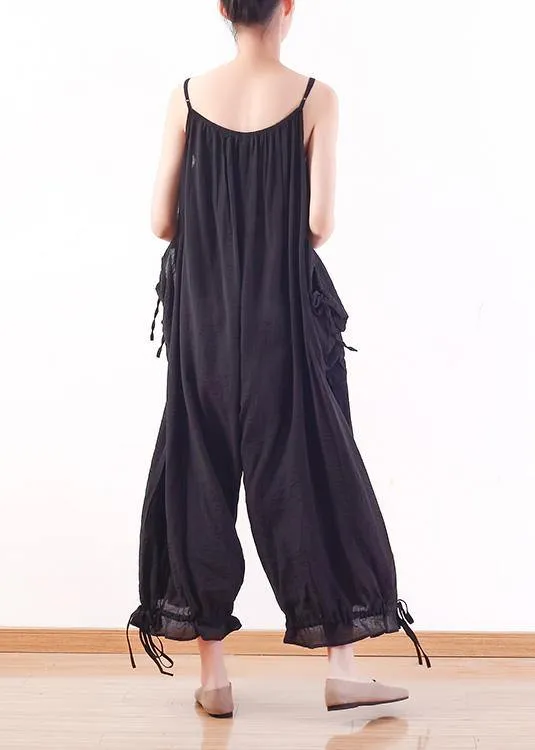 Black loose drawstring  suspender wide leg jumpsuit