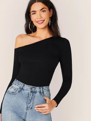 Black Slim Fit Solid Asymmetrical Neck Form Fitted Top