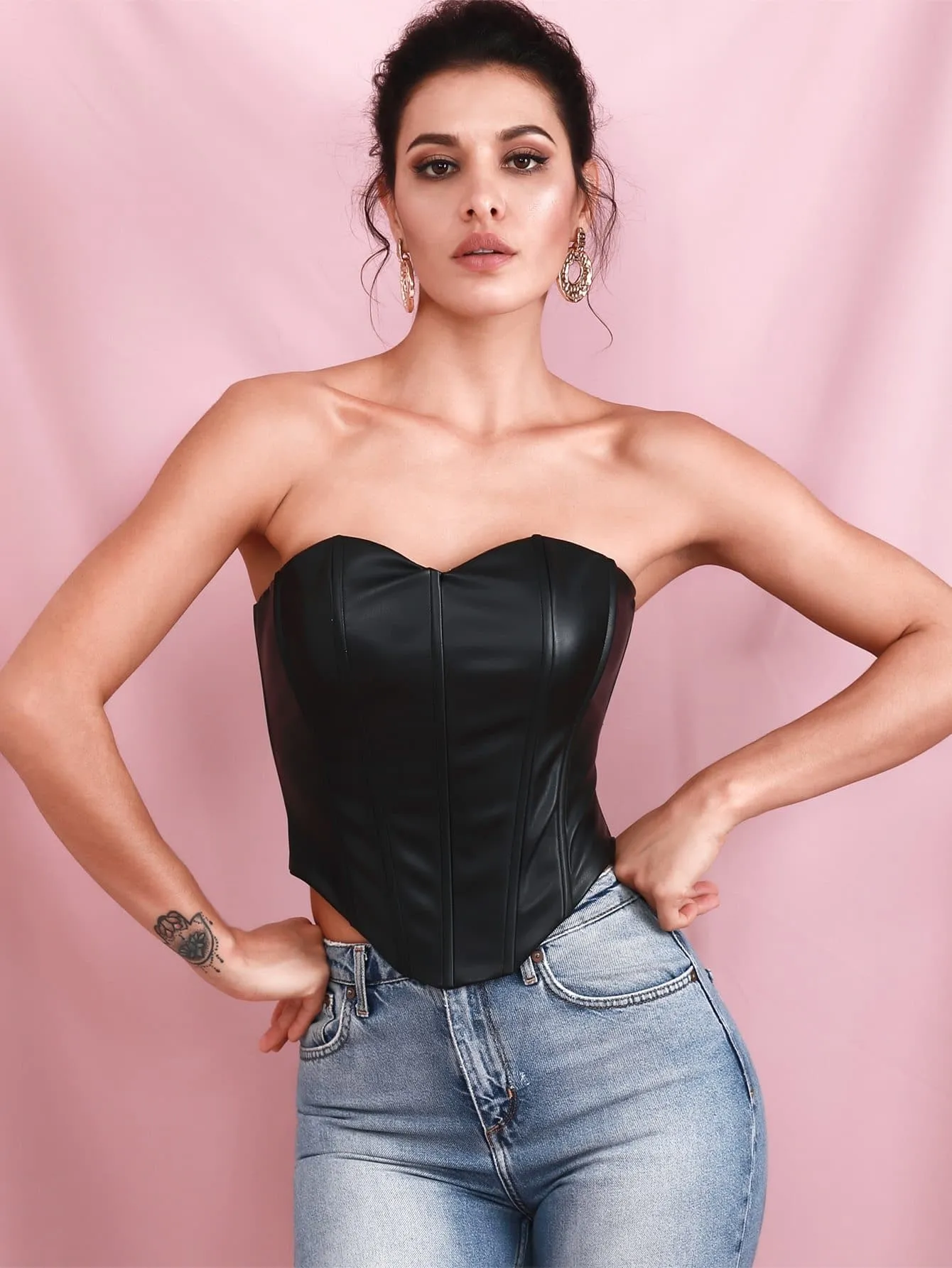 Black Strapless Sleeveless Sweetheart Asymmetrical Hem Leather Look Tube Top