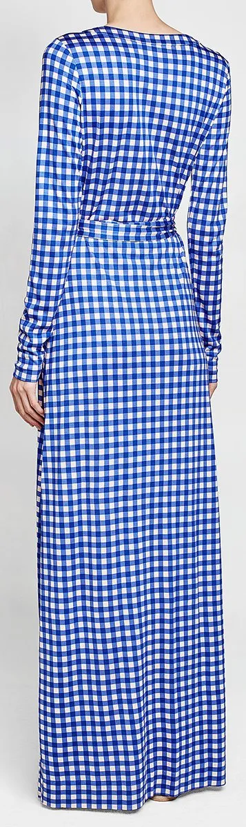 Blue & White Gingham Wrap Maxi Dress