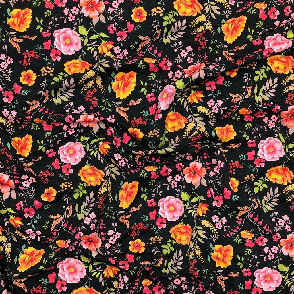 Botanical Floral on Black French Terry Fabric