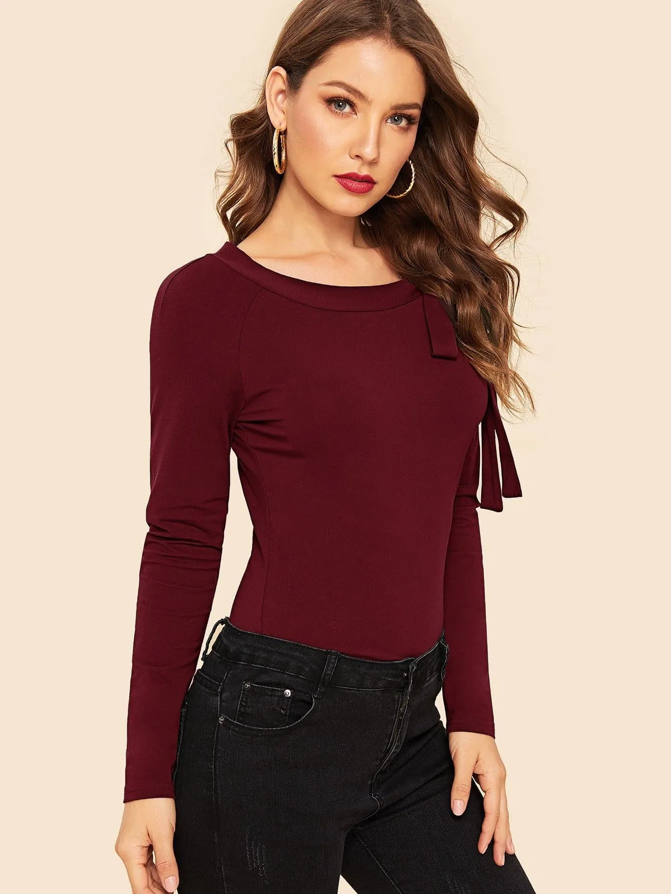 Burgundy Slim Fit Round Tie Neck Raglan Sleeve Top