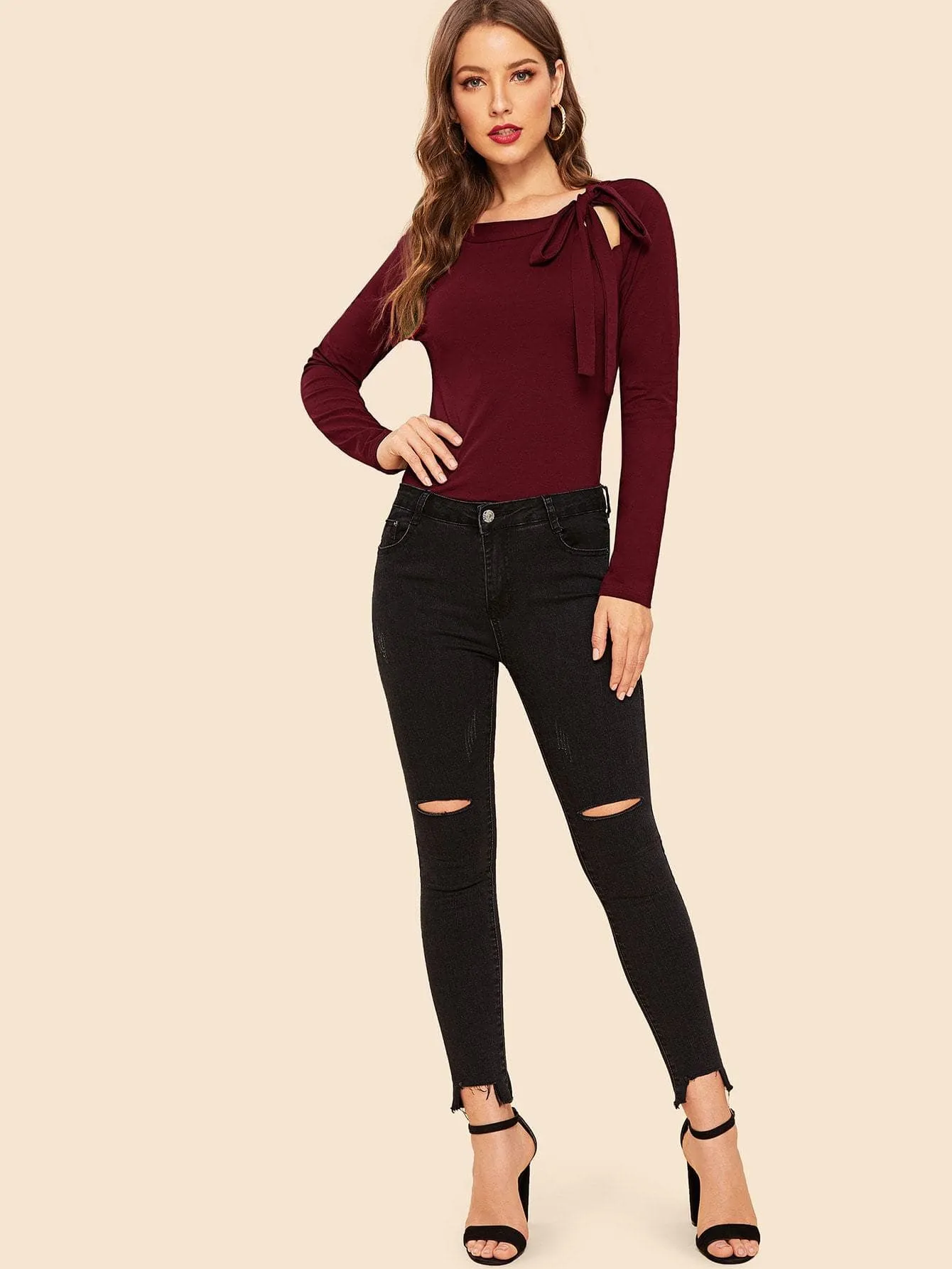 Burgundy Slim Fit Round Tie Neck Raglan Sleeve Top