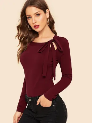 Burgundy Slim Fit Round Tie Neck Raglan Sleeve Top