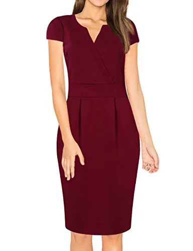 Burgundy Women's V-Neck Work Business Bodycon Pencil Dress - MISSKY