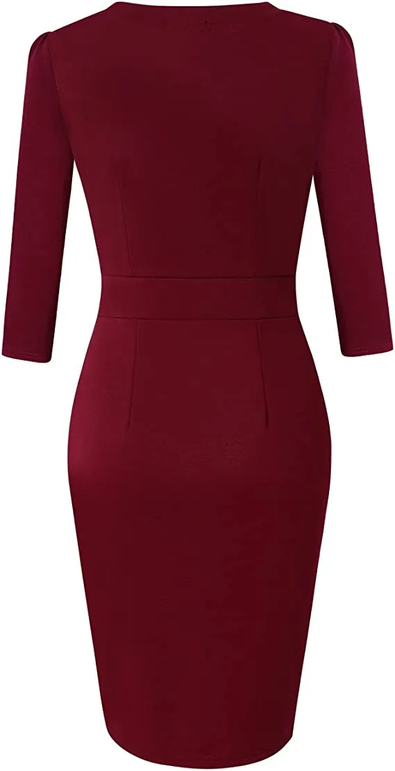 Burgundy Women's V-Neck Work Business Bodycon Pencil Dress - MISSKY