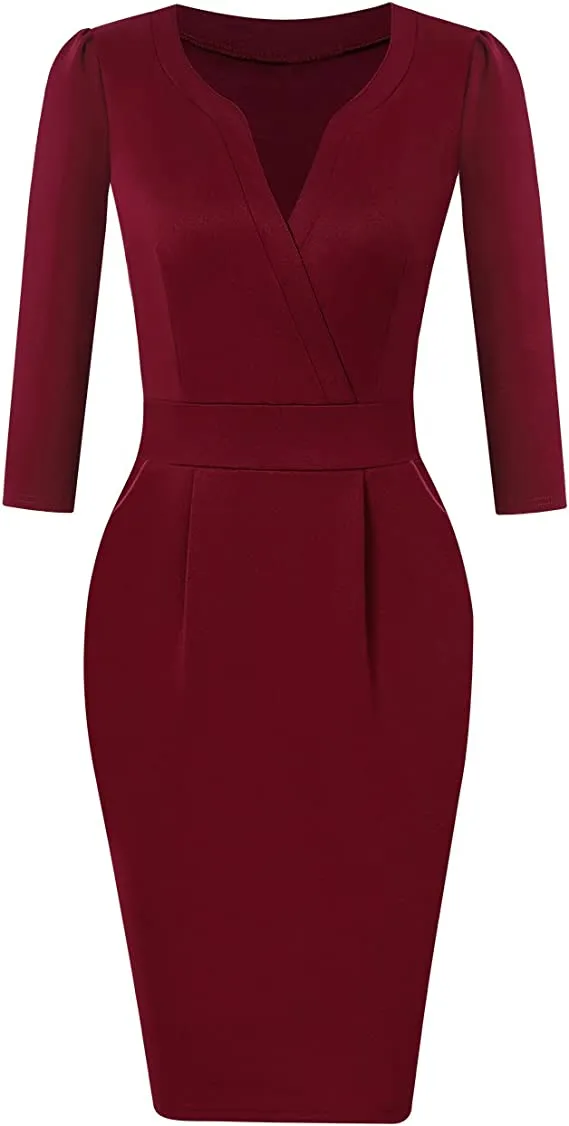 Burgundy Women's V-Neck Work Business Bodycon Pencil Dress - MISSKY