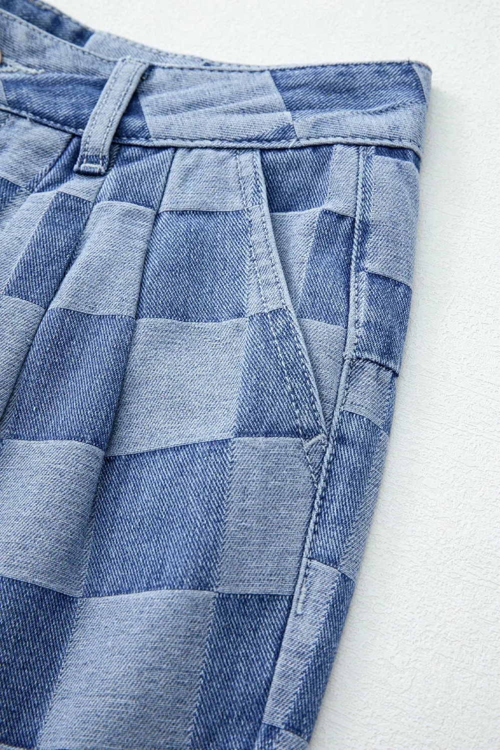 Checkered Denim Wide Leg Jeans