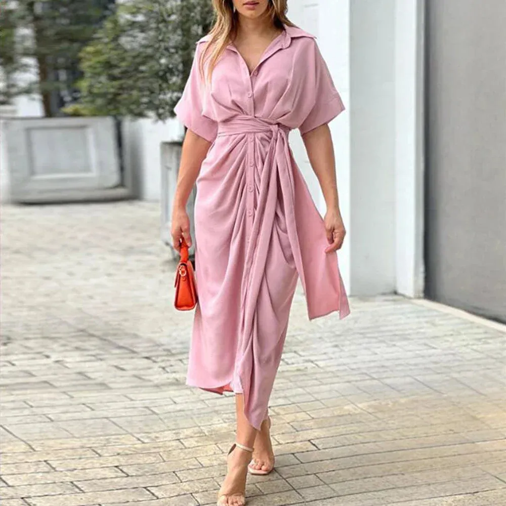 Chic Solid Button-up Draped Shirt Dress Women Elegant Lapel Short Sleeve High Waist Lace-Up Long Dresses Office Dress Vestidos