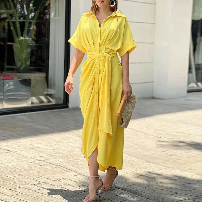 Chic Solid Button-up Draped Shirt Dress Women Elegant Lapel Short Sleeve High Waist Lace-Up Long Dresses Office Dress Vestidos