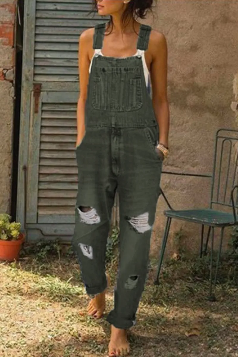 Chicindress Washed Ripped Hole Denim Overalls(3 colors)