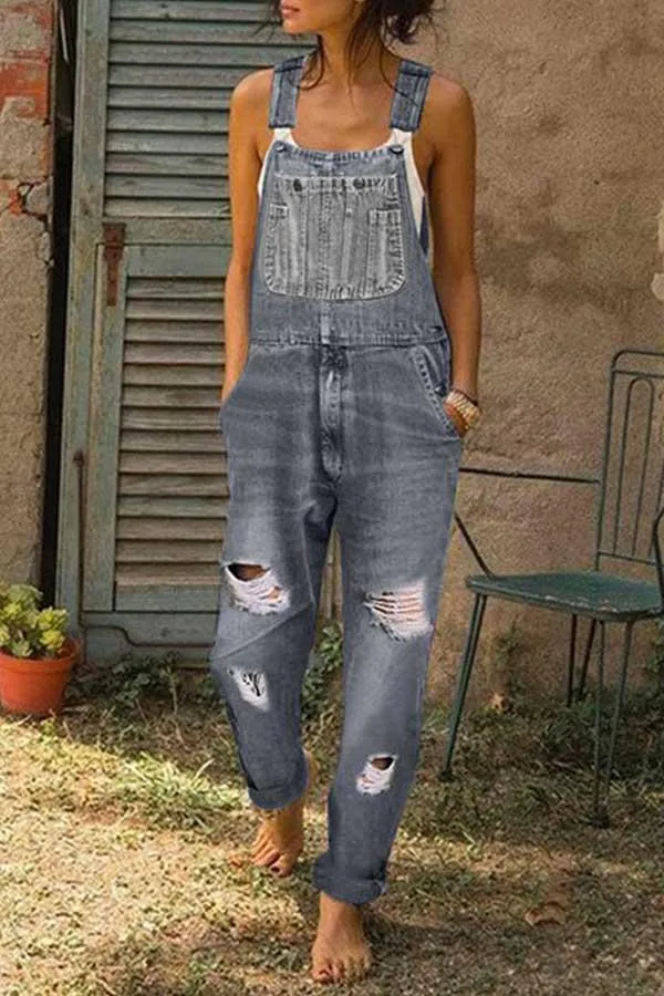 Chicindress Washed Ripped Hole Denim Overalls(3 colors)