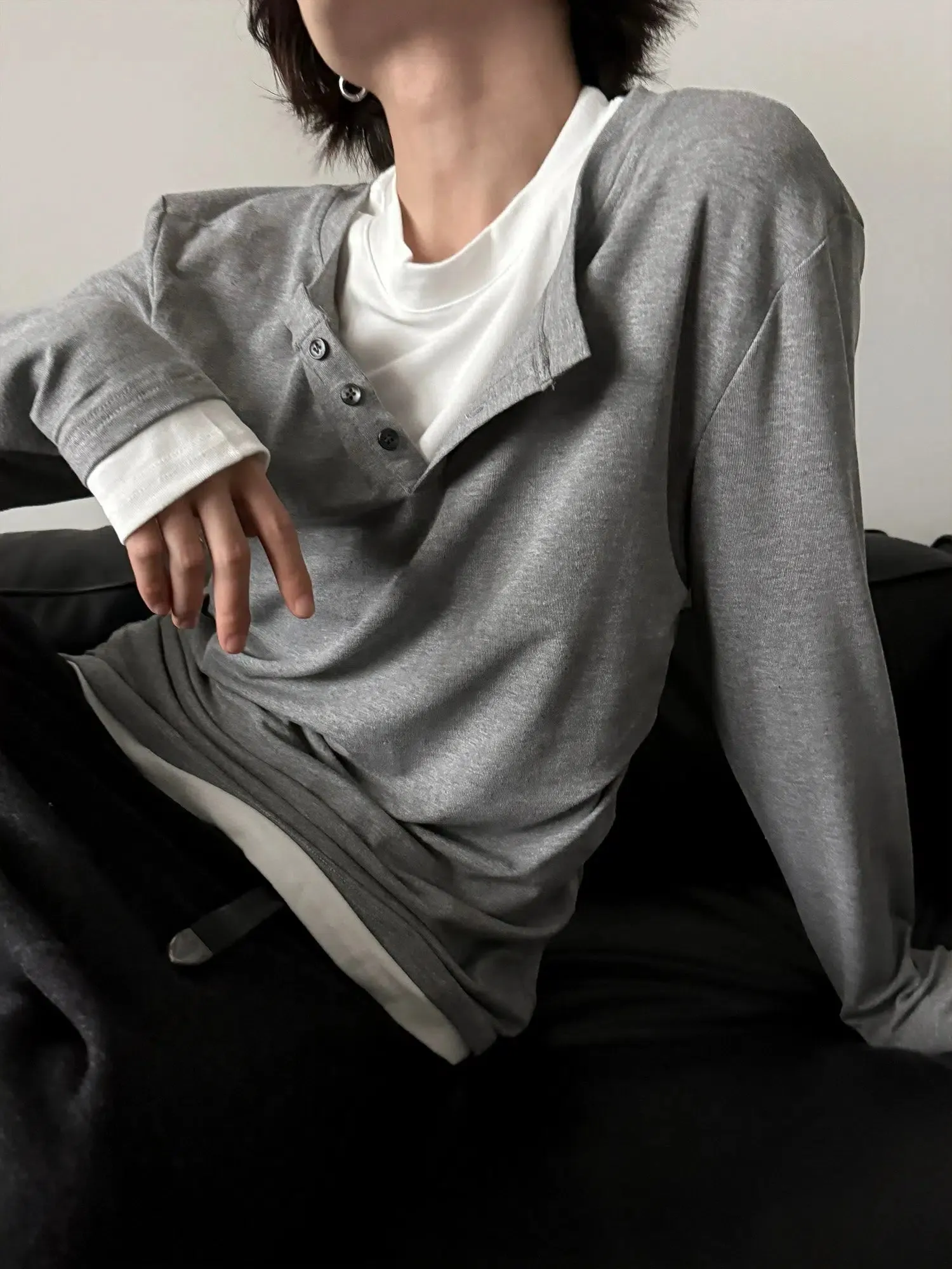 Chicmy- Long-Sleeve Henley Layered Pullover